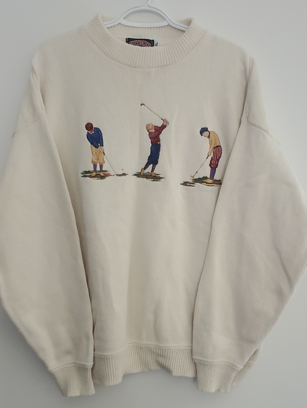 Vintage 90s Nutmeg Mills Embroidered Golf Knit Sweater Cream XL